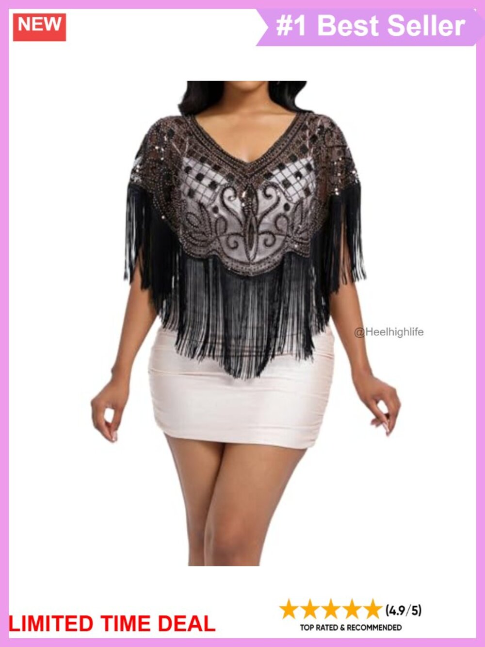 Sequin Beaded Shawl Wrap Fringe Capelet Gatsby Evening Accessory